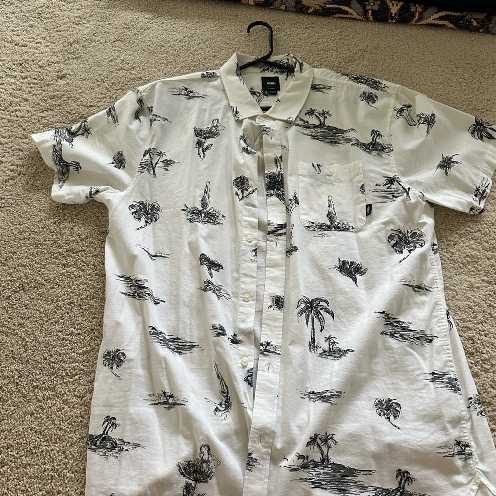 Vans Black and White Casual Button Down Shirt with Tropical Print